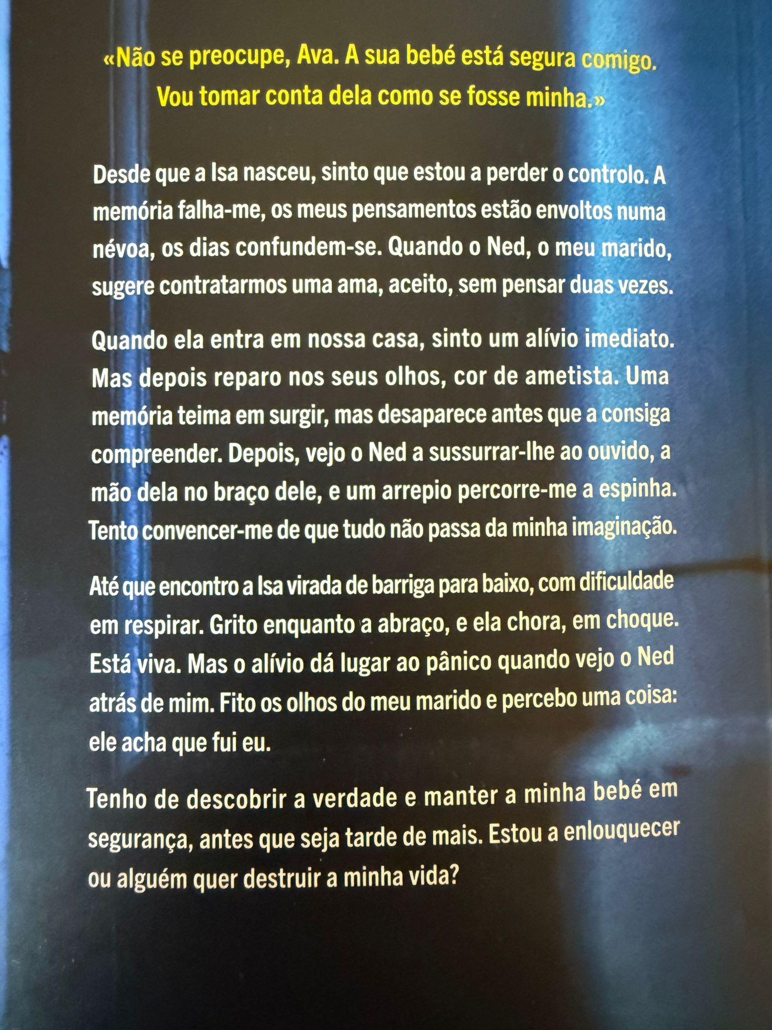 Desde que a Isa nasceu, sinto que estou a perder o controlo. A memória falha-me, os meus pensamentos estão envoltos numa névoa, os dias confundem-se. Quando o Ned, o meu marido, sugere contratarmos uma ama, aceito, sem pensar duas vezes.  Quando ela entra em nossa casa, sinto um alívio imediato. Mas depois reparo nos seus olhos, cor de ametista. Uma memória teima em surgir, mas desaparece antes que a consiga compreender. Depois, vejo o Ned a sussurrar-lhe ao ouvido, a mão dela no braço dele, e um arrepio percorre-me a espinha. Tento convencer-me de que tudo não passa da minha imaginação.  Até que encontro a Isa virada de barriga para baixo, com dificuldade em respirar. Grito enquanto a abraço, e ela chora, em choque. Está viva. Mas o alívio dá lugar ao pânico quando vejo o Ned atrás de mim. Fito os olhos do meu marido e percebo uma coisa: ele acha que fui eu.  Tenho de descobrir a verdade e manter a minha bebé em segurança, antes que seja tarde de mais. Estou a enlouquecer ou alguém quer destruir a minha vida?