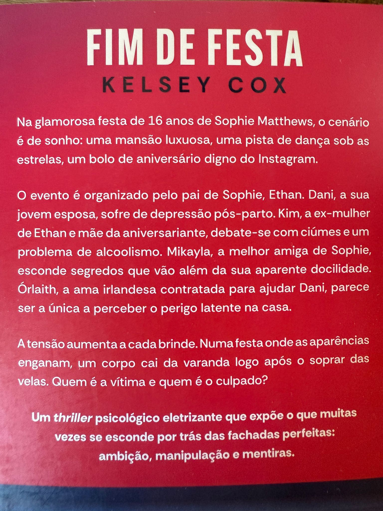 Duvide de tudo e de todos. Nesta festa perfeita, ninguém é inocente. Na glamorosa festa de 16 anos de Sophie Matthews, o cenário é de sonho: uma mansão luxuosa, uma pista de dança sob as estrelas, um bolo de aniversário digno do Instagram. O evento é organizado pelo pai de Sophie, Ethan. Dani, a sua jovem esposa, sofre de depressão pós-parto. Kim, a ex-mulher de Ethan e mãe da aniversariante, debate-se com ciúmes e um problema de alcoolismo. Mikayla, a melhor amiga de Sophie, esconde segredos que vão além da sua aparente docilidade. Órlaith, a ama irlandesa contratada para ajudar Dani, parece ser a única a perceber o perigo latente na casa. A tensão aumenta a cada brinde. Numa festa onde as aparências enganam, um corpo cai da varanda logo após o soprar das velas. Quem é a vítima e quem é o culpado? Um thriller psicológico eletrizante que expõe o que muitas vezes se esconde por trás das fachadas perfeitas: ambição, manipulação e mentiras.