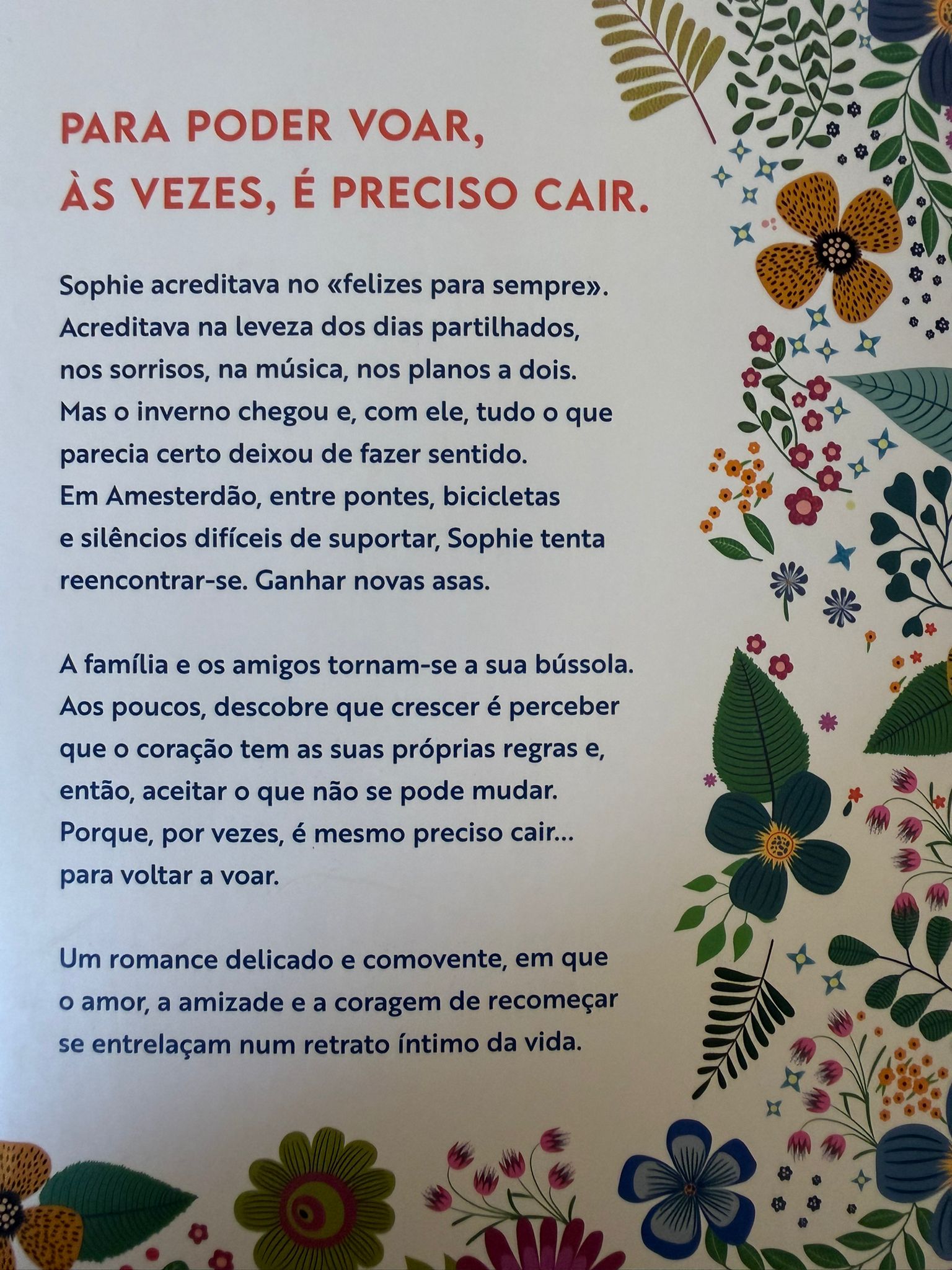 Sophie acreditava no «felizes para sempre». Acreditava na leveza dos dias partilhados, nos sorrisos, na música, nos planos a dois. Mas o inverno chegou e, com ele, tudo o que parecia certo deixou de fazer sentido. Em Amesterdão, entre pontes, bicicletas e silêncios difíceis de suportar, Sophie tenta reencontrar-se. Ganhar novas asas.  A família e os amigos tornam-se a sua bússola. Aos poucos, descobre que crescer é perceber que o coração tem as suas próprias regras e, então, aceitar o que não se pode mudar. Porque, por vezes, é mesmo preciso cair... para voltar a voar.  Um romance delicado e comovente, em que o amor, a amizade e a coragem de recomeçar se entrelaçam num retrato íntimo da vida.