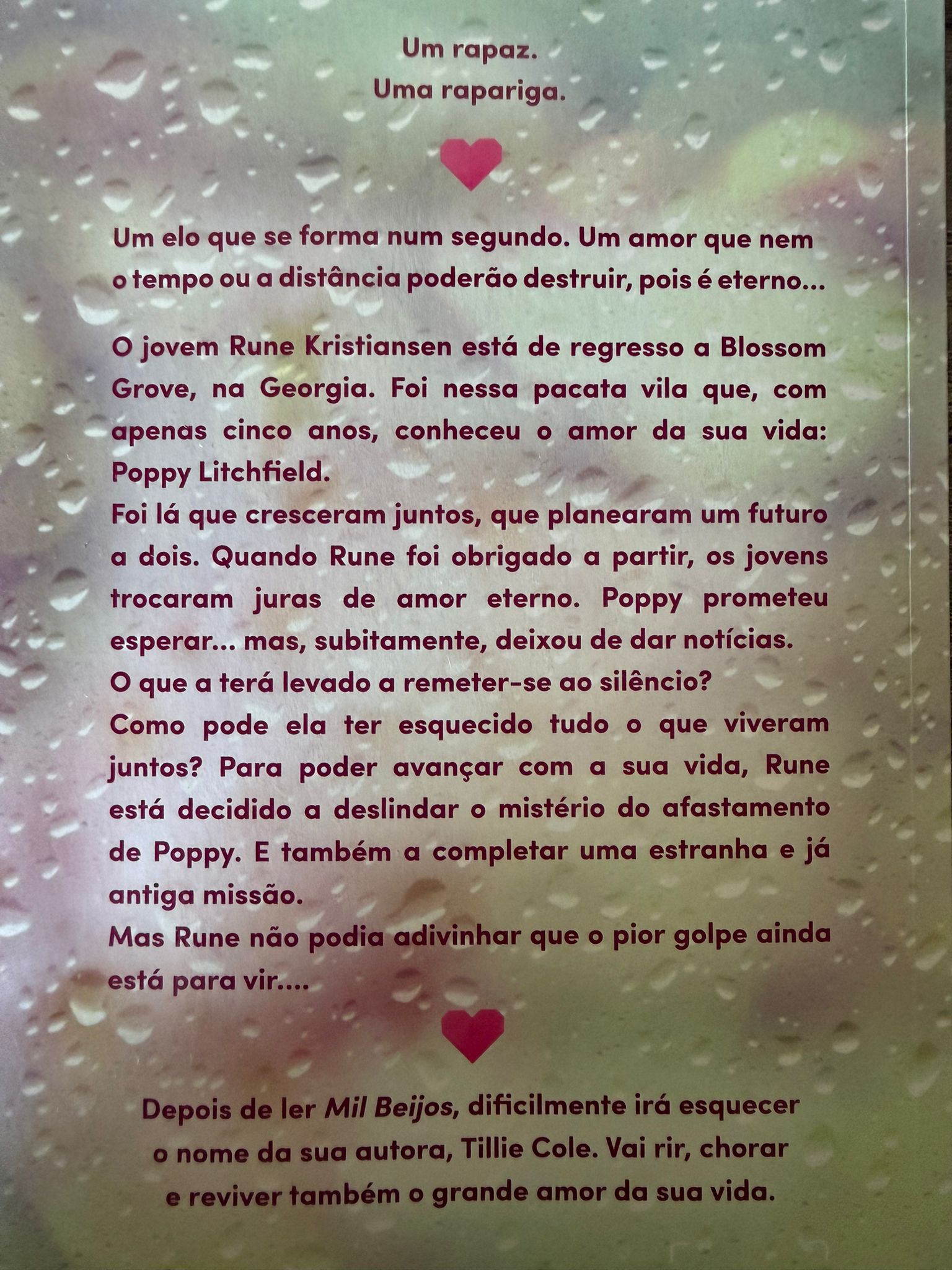 Um rapaz. Uma rapariga. Um elo que se forma num segundo. Um amor que nem o tempo ou a distância poderão destruir, pois é eterno…  O jovem Rune Kristiansen está de regresso a Blossom Grove, na Georgia. Foi nessa pacata vila que, com apenas cinco anos, conheceu o amor da sua vida: Poppy Litchfield. Foi lá que cresceram juntos, que planearam um futuro a dois. Quando Rune foi obrigado a partir, os jovens trocaram juras de amor eterno. Poppy prometeu esperar… e subitamente, deixou de dar notícias. O que terá levado Poppy a remeter-se ao silêncio? Como pode ela ter esquecido tudo o que viveram juntos?  Para poder avançar com a sua vida, Rune está decidido a deslindar o mistério do afastamento de Poppy. E também completar uma estranha e já antiga missão. Mas Rune não podia adivinhar que o pior golpe ainda está para vir…  Depois de ler Mil Beijos, dificilmente irá esquecer o nome da sua autora, Tillie Cole.  Vai rir, vai chorar, e vai reviver também o grande amor da sua vida…