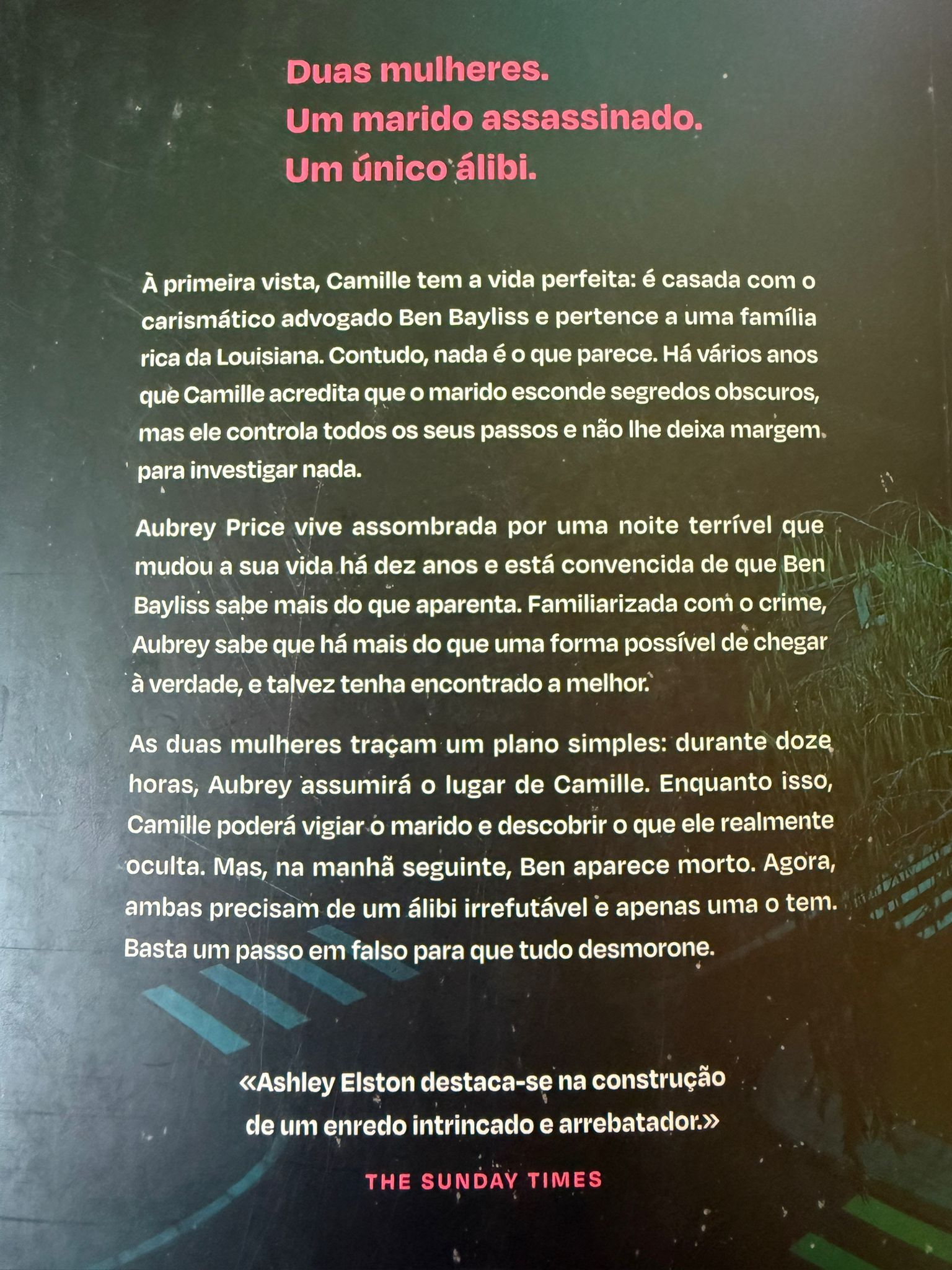 À primeira vista, Camille tem a vida perfeita: é casada com o carismático advogado Ben Bayliss e pertence a uma família rica do Louisiana. Contudo, nada é o que parece. Há vários anos que Camille acredita que o marido esconde segredos obscuros, mas ele controla todos os seus passos e não lhe deixa margem para investigar nada. Aubrey Price vive assombrada por uma noite terrível que mudou a sua vida há dez anos e está convencida de que Ben Bayliss sabe mais do que aparenta.  Familizarizada com o crime desde criança, Aubrey sabe que há mais do que uma forma de chegar à verdade, e talvez tenha encontrado a melhor. As duas amigas traçam um plano simples: durante doze horas, Aubrey assumirá o lugar de Camille. Enquanto isso, Camille poderá vigiar o marido e descobrir o que ele realmente esconde. Mas, na manhã seguinte, Ben aparece morto. Agora, ambas precisam de um álibi irrefutável e apenas uma o tem. Basta um passo em falso para que tudo desmorone.