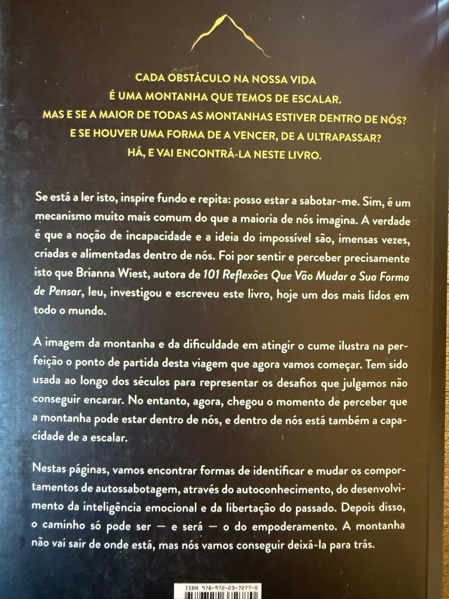 Cada obstáculo na nossa vida é uma montanha que temos de escalar. Mas e se a maior de todas as montanhas estiver dentro de nós? E se houver uma forma de a vencer, de a ultrapassar? Há, e vai encontrá-la neste livro.  Se está a ler isto, inspire fundo e repita: posso estar a sabotar-me. Sim, é um mecanismo muito mais comum do que a maioria de nós imagina. A verdade é que a noção de incapacidade e a ideia do impossível são, imensas vezes, criadas e alimentadas dentro de nós. Foi por sentir e perceber precisamente isto que Brianna Wiest, autora de 101 Reflexões que Vão Mudar a Sua Forma de Pensar, leu, investigou e escreveu este livro, hoje um dos mais lidos em todo o mundo.  A imagem da montanha e da dificuldade em atingir o cume ilustra na perfeição o ponto de partida desta viagem que agora vamos começar. Tem sido usada ao longo dos séculos para representar os desafios que julgamos não conseguir encarar. No entanto, agora, chegou o momento de perceber que a montanha pode estar dentro de nós, e dentro de nós está também a capacidade de a escalar.  Nestas páginas, vamos encontrar formas de identificar e mudar os comportamentos de autossabotagem, através do autoconhecimento, do desenvolvimento da inteligência emocional e da libertação do passado. Depois disso, o caminho só pode ser - e será - o do empoderamento. A montanha não vai sair de onde está, mas nós vamos conseguir deixá-la para trás.