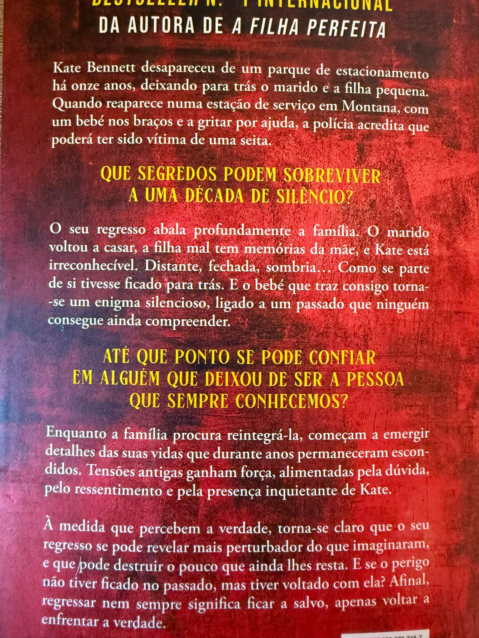 Bestseller n.º 1 internacional da autora de A Filha Perfeita. Kate Bennett desapareceu de um parque de estacionamento há onze anos, deixando para trás o marido e a filha pequena. Quando reaparece numa estação de serviço em Montana, com um bebé nos braços e a gritar por ajuda, a polícia acredita que poderá ter sido vítima de uma seita. O seu regresso abala profundamente a família. O marido voltou a casar, a filha mal tem memórias da mãe, e Kate está irreconhecível. Distante, fechada, sombria... Como se parte de si tivesse ficado para trás. E o bebé que traz consigo torna-se um enigma silencioso, ligado a um passado que ninguém consegue ainda compreender. À medida que percebem a verdade, torna-se claro que o seu regresso se pode revelar mais perturbador do que imaginaram, e que pode destruir o pouco que ainda lhes resta. E se o perigo não tiver ficado no passado, mas tiver voltado com ela? Afinal, regressar nem sempre significa ficar a salvo, apenas voltar a enfrentar a verdade.