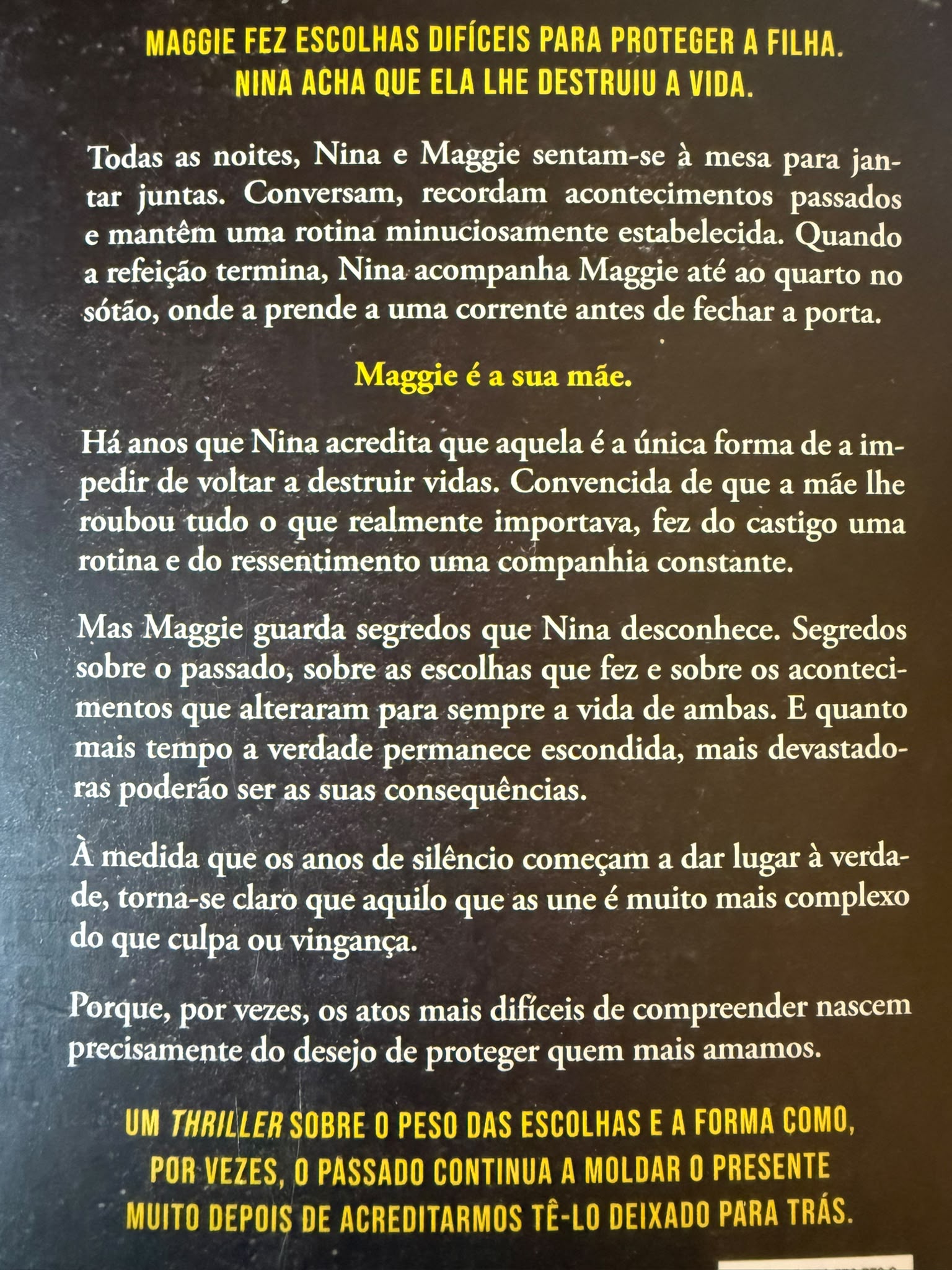 Basta uma mentira para destruir tudo.  Nina e Maggie vivem sozinhas numa casa aparentemente comum. Mas nada na sua relação é normal. Quase todas as noites, sentam-se à mesa para jantar juntas. Conversam, recordam o passado e mantêm uma rotina cuidadosamente estabelecida. Quando a refeição termina, Nina acompanha Maggie até ao quarto no sótão, onde a prende a uma corrente pesada antes de fechar a porta. Porque Maggie fez algo que Nina nunca conseguirá perdoar. Durante anos, Nina acreditou estar a fazer o que era certo. Convencida de que a mãe representava um perigo, transformou a sua vida numa missão de vigilância e castigo. Mas, enquanto tenta controlar cada detalhe do presente, há muitas coisas sobre o passado que lhe escapam. Coisas que Maggie nunca lhe contou. Verdades enterradas sob anos de culpa, ressentimento e silêncio.  Ela pensa que está a fazer justiça. Mas não conhece a história toda.